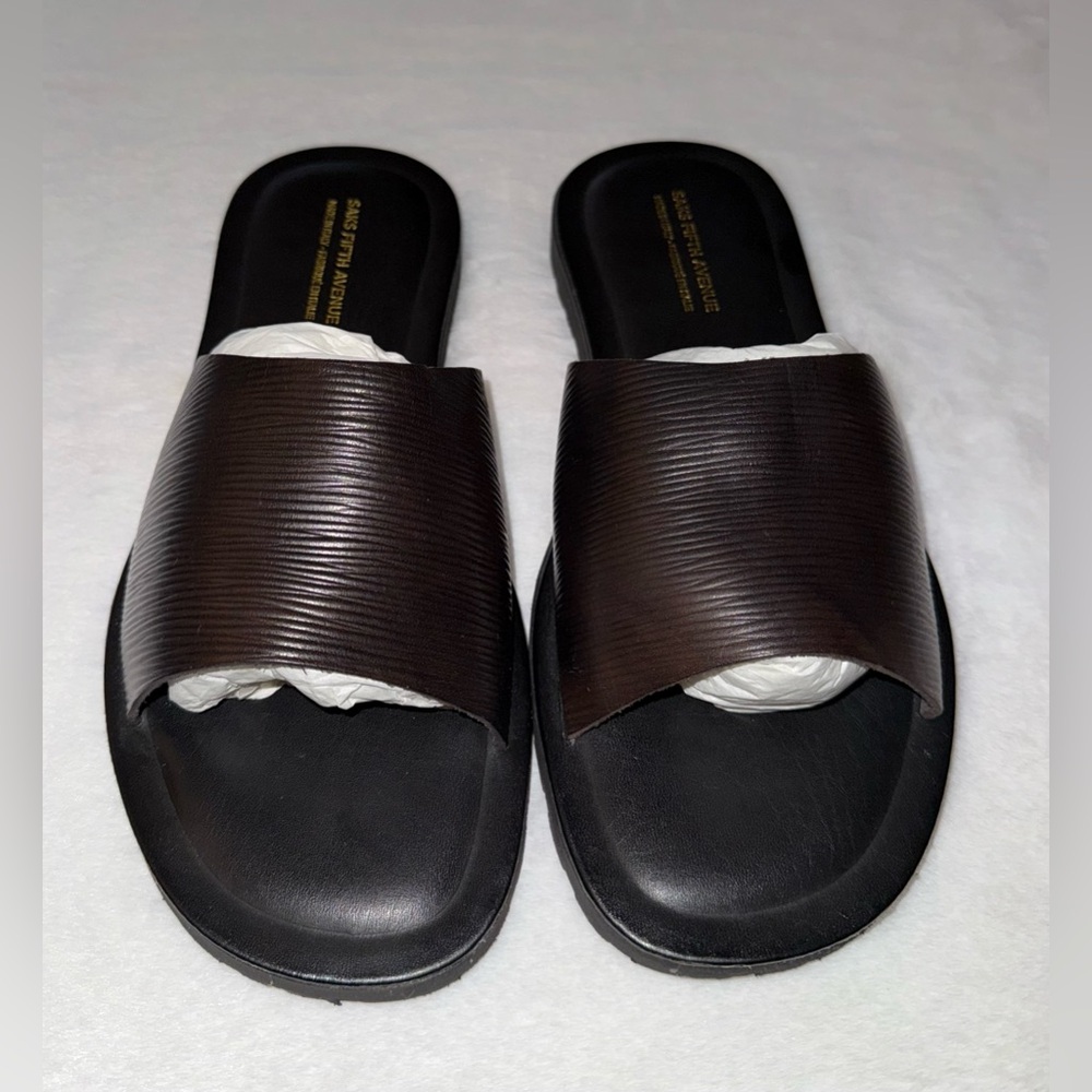 Saks Fifth Avenue Men’s Leather Slides,NWOT,Size-11,Color-Dark Brown-Black